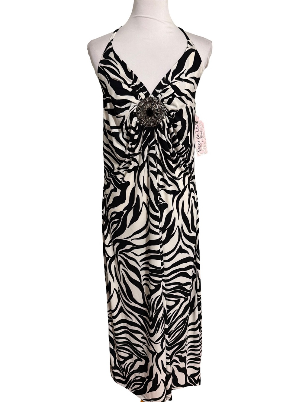 Fleur de Lis Collection Black White Zebra Halter Maxi Dress Decorative Brooch